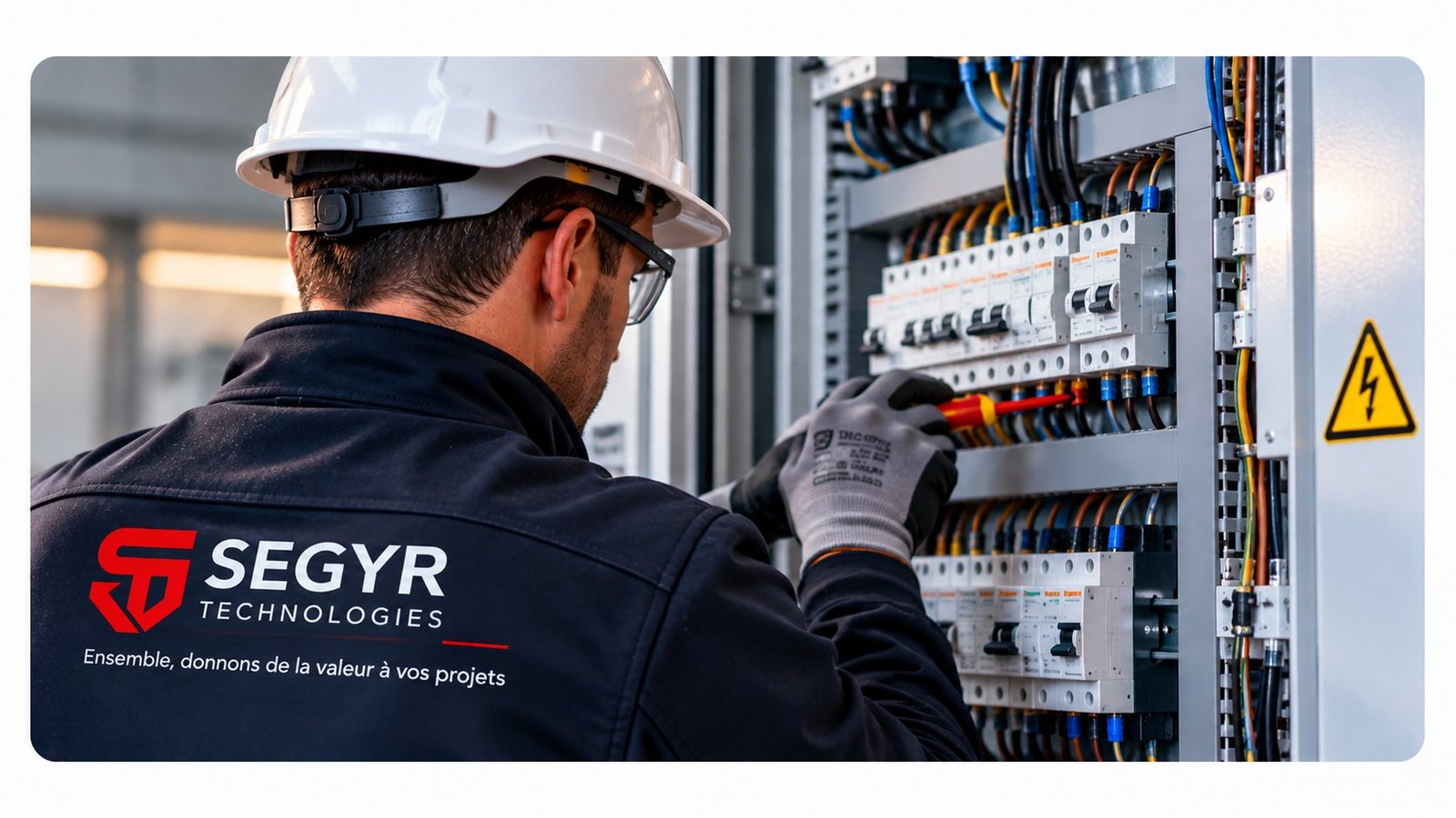 Électricien SEGYR Technologies intervenant sur un tableau électrique